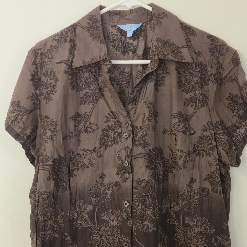 Denver Hayes XL Brown Floral Button-Down Blouse Botanical Nature Cottagecore - Picture 2 of 15